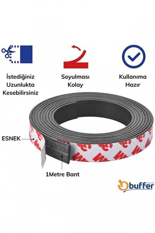 Contacall Yapışkanlı Şerit Mıknatıs Magnet Kes Kullan  Siyah Genişlik 13 mm Kalınlı 1,8 mm - 3