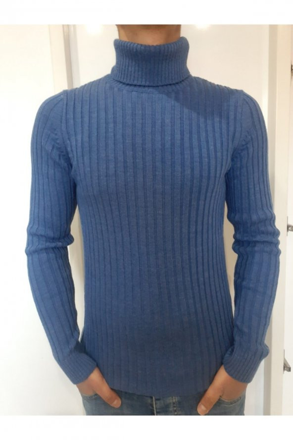 Erkek Mavi Boğazlı Kazak