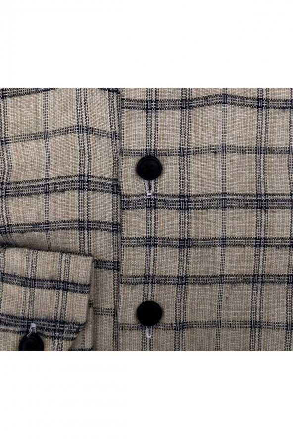 SÜVARİ Slim Fit Desenli Flanel Uzun Bej Erkek Gömlek - 2