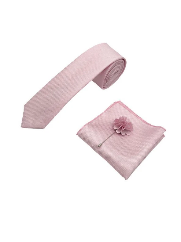 Brianze Şeker Pembe Kravat Mendil Yaka Çiçeği Set ürün görseli 1