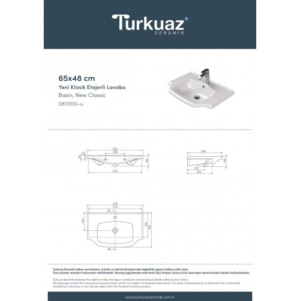 Turkuaz Seramik Yeni Klasik 65 cm Etajerli Lavabo Turkuaz - 5