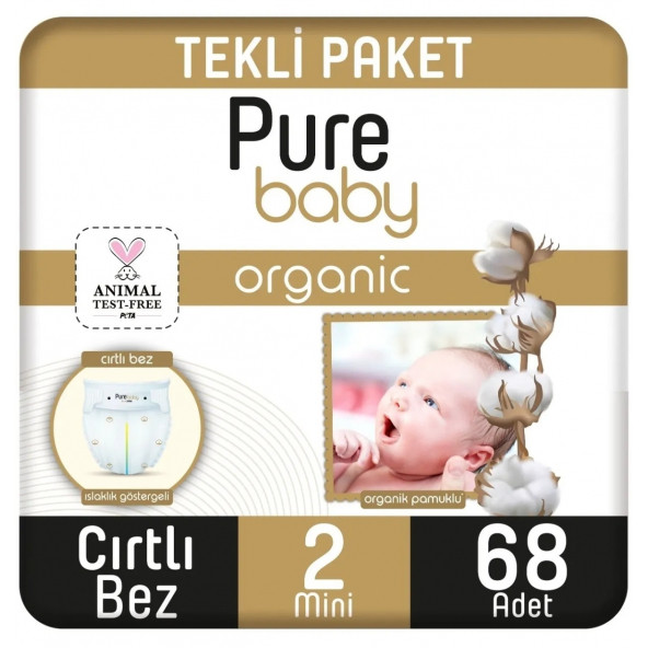 Pure Baby Organik Pamuklu Cırtlı Bez Tekli Paket 2 Numara Mini 68 Adet