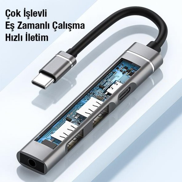 Coofbe 4in1 Type C Çoğaltıcı Çevirici HUB, 2x USB, 1x Type C ve 1x 3.5MM Girişli Adaptör - 4