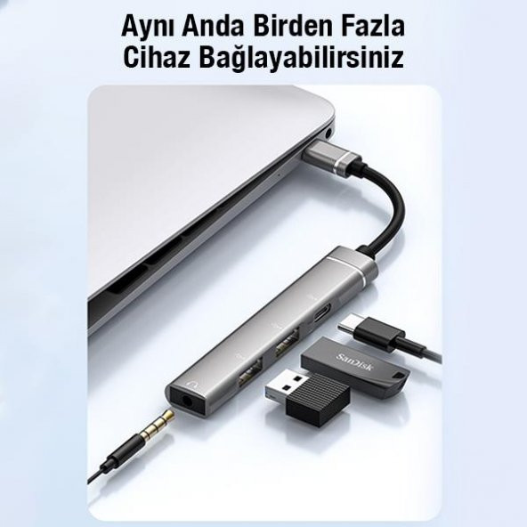 Coofbe 4in1 Type C Çoğaltıcı Çevirici HUB, 2x USB, 1x Type C ve 1x 3.5MM Girişli Adaptör - 5
