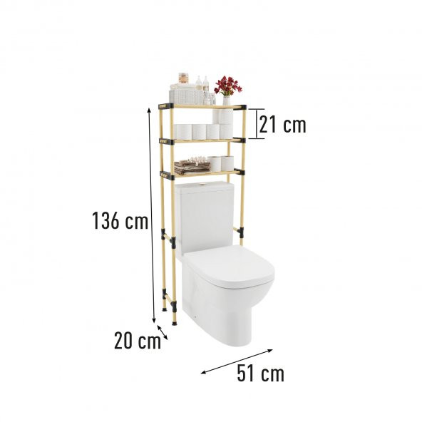 SEOWOOD AHŞAP 3 KATLI ÇOK AMAÇLI KLOZET ÜSTÜ RAF  51 CM GENİŞLİK