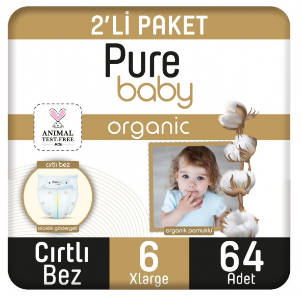 Pure Baby Organik Pamuklu Cırtlı Bez 6 Numara 64 Adet