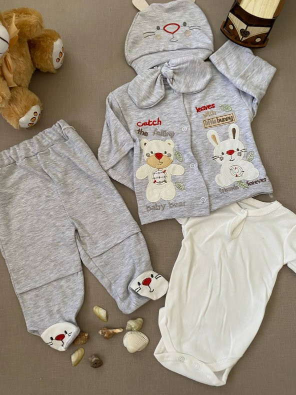 Erkek Bebe Little Bunny Tavşan ve Ayıcık Nakışlı  4lü Takım