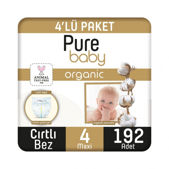 Pure Baby Organik Pamuklu Cırtlı Bebek Bezi Maxi 4 No 192 Li