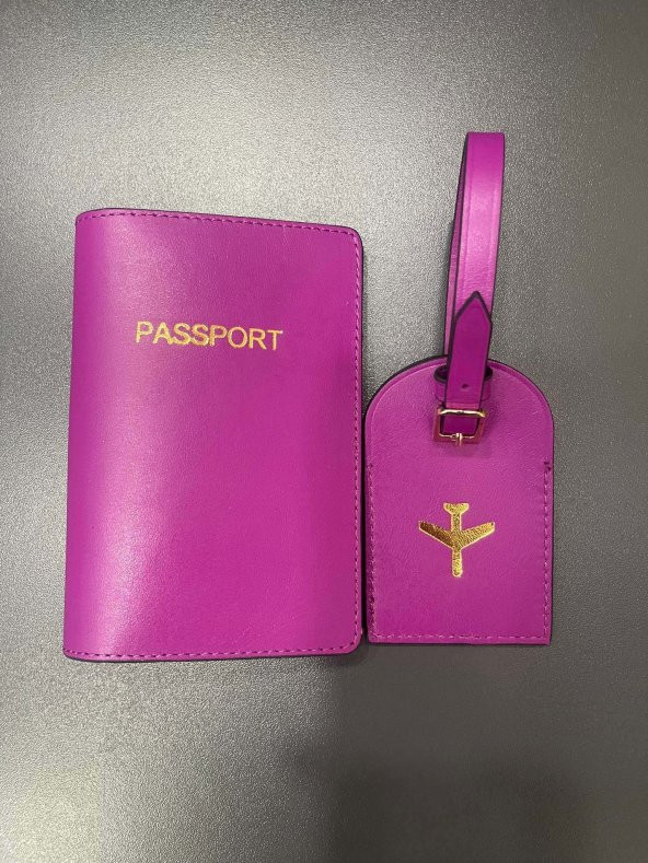 Mor Deri Pasaport Kılıfı ve Bagaj Etiketi Takımı