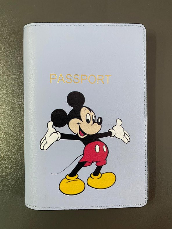 Mickey Mouse Tasarım Mavi Deri Pasaport Kılıfı