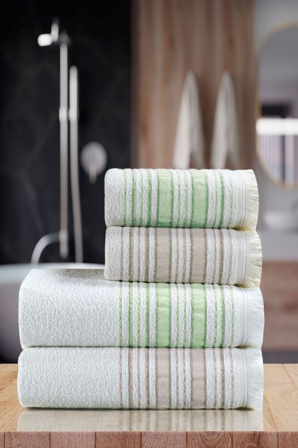 Louis Marie | 50x90 + 70x140 cm | Saçaklı | 100 Pamuk | Kahve - Pudra | 4 Adet | Banyo Havlu Seti