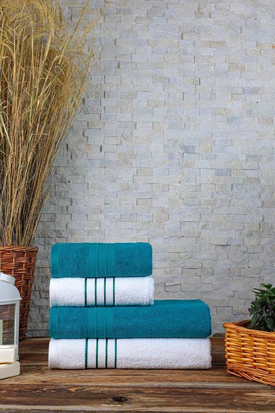 Louis Marie | 50x90 + 70x140  cm | Diamond | %100 Pamuk | Yeşil Beyaz | 4'lü | Banyo Havlusu Seti - 2