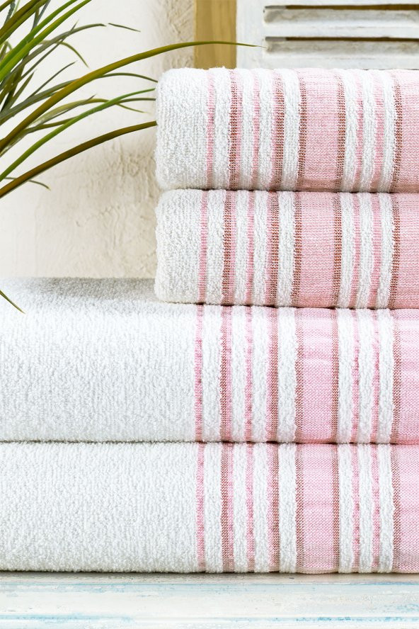 Louis Marie | 50x90 + 70x140 cm | Saçak Detaylı | 100 Pamuk | Pudra | 4 Adet | Banyo Havlu Seti - 2