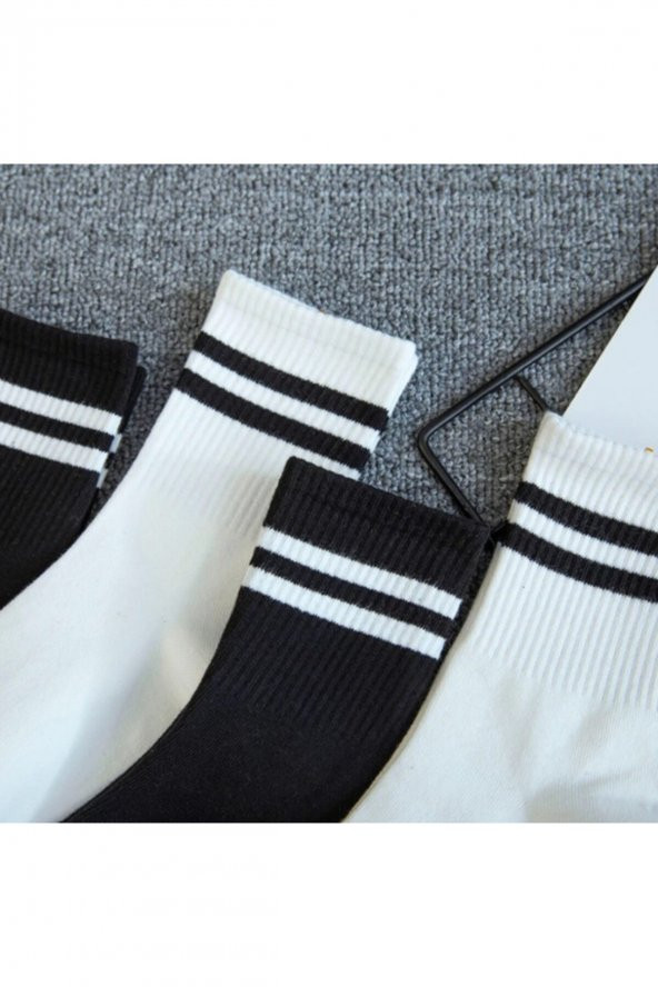 2li Siyah Ve Beyaz Çizgili Tenis Çorap