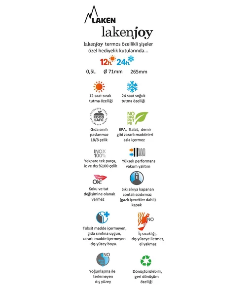 Laken Çelik 18/8 LakenJoy Termos Şişe 0,50L - Siyah LKJ50N - 4