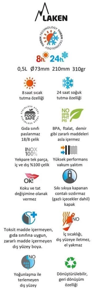 Laken Çelik 18/8 Classic Termos Şişe 0,50L - Haki LKTA5K - Resim 2