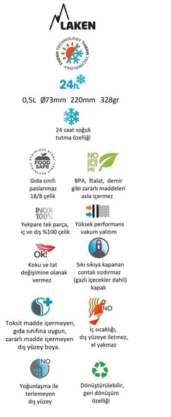 Laken Çelik 18/8 Jannu Termos Şişe 0,50L - Beyaz LKTJ5B - Resim 2