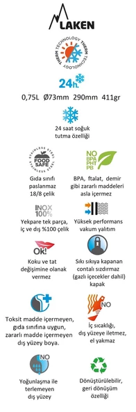 Laken Çelik 18/8 Jannu Termos Şişe 0,75L - Turkuaz LKTJ7VT - Resim 2