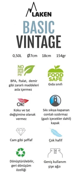 Laken Çelik 18/8 Vintage Basic Şişe 0,50L - Siyah LKBSH50NE - Resim 2
