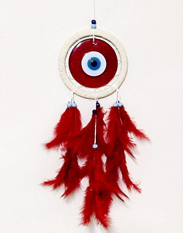 Cam Nazar Boncuklu Kırmızı Kuş Tüylü Dream Catcher Düş Kapanı Duvar Süsü