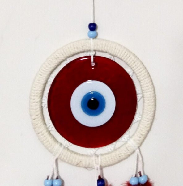 Cam Nazar Boncuklu Kırmızı Kuş Tüylü Dream Catcher Düş Kapanı Duvar Süsü - Resim 2