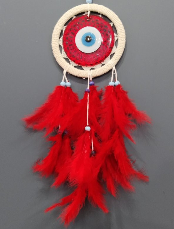 Cam Nazar Boncuklu Kırmızı Kuş Tüylü Dream Catcher Düş Kapanı Duvar Süsü - Resim 3
