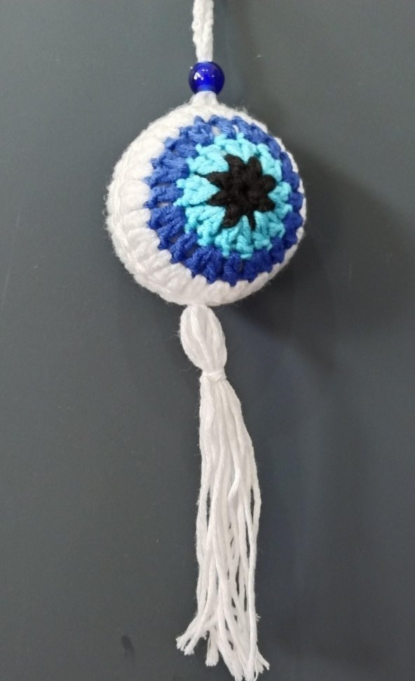 Nazar Boncuğu Desenli Püsküllü Beyaz Araba Süsü - 3