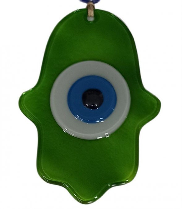 Nazar Boncuklu Yağ Yeşili Renginde Fatma Ana Bereket Eli Cam Duvar Süsü ürün görseli