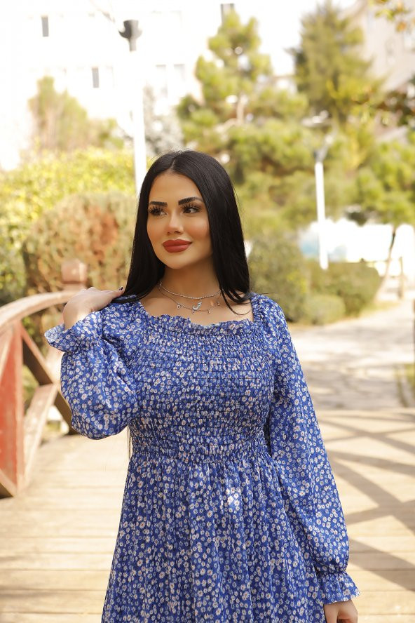 Gipeli Helen Kumaş Çiçek Desenli Uzun Kollu Yazlık Elbise - 2