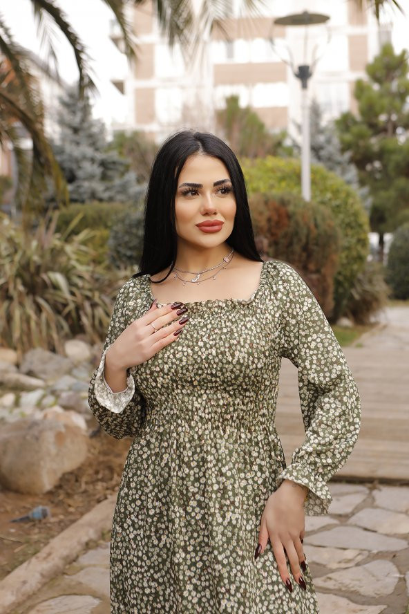 Gipeli Helen Kumaş Çiçek Desenli Uzun Kollu Yazlık Elbise - 3