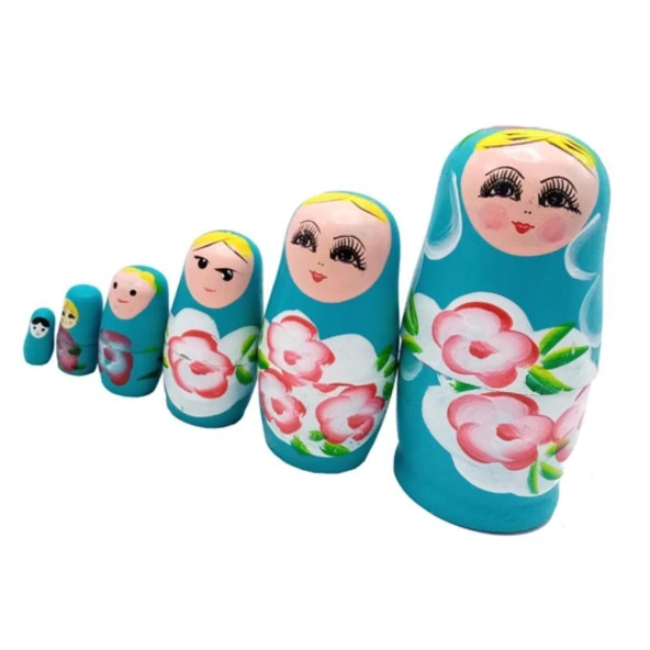 Ahşap Matruşka Bebek 6 lı Set Mavi - 1