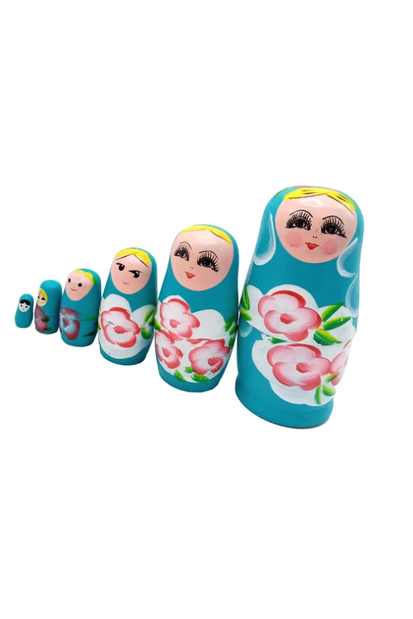 Ahşap Matruşka Bebek 6 lı Set Mavi - 4
