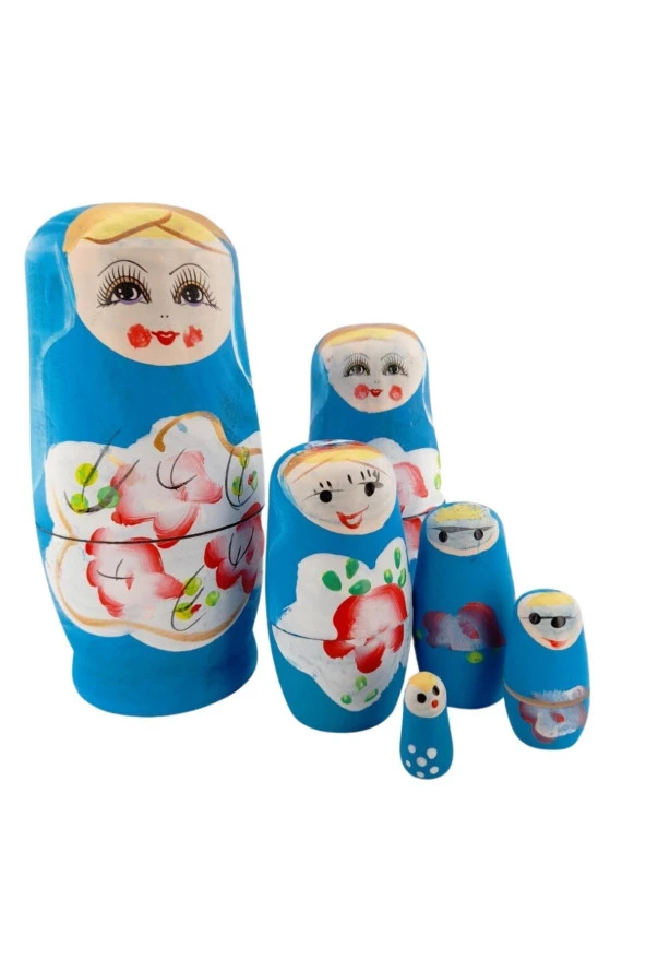 Ahşap Matruşka Bebek 6 lı Set Mavi - 5