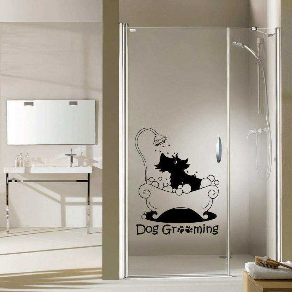 Dog Grooming Yazılı Duşta Sevimli Köpek Silüeti Dekoratif Banyo Duvar Sticker, Çıkartma, Etiket Siyah