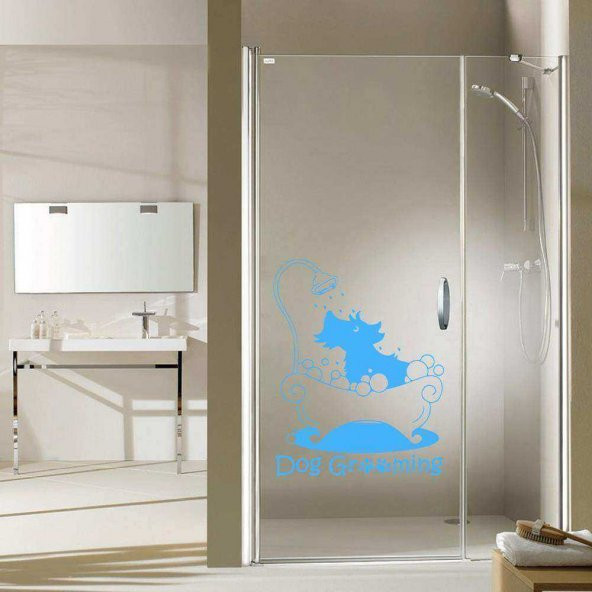 Dog Grooming Yazılı Duşta Sevimli Köpek Silüeti Dekoratif Banyo Duvar Sticker, Çıkartma, Etiket Mavi
