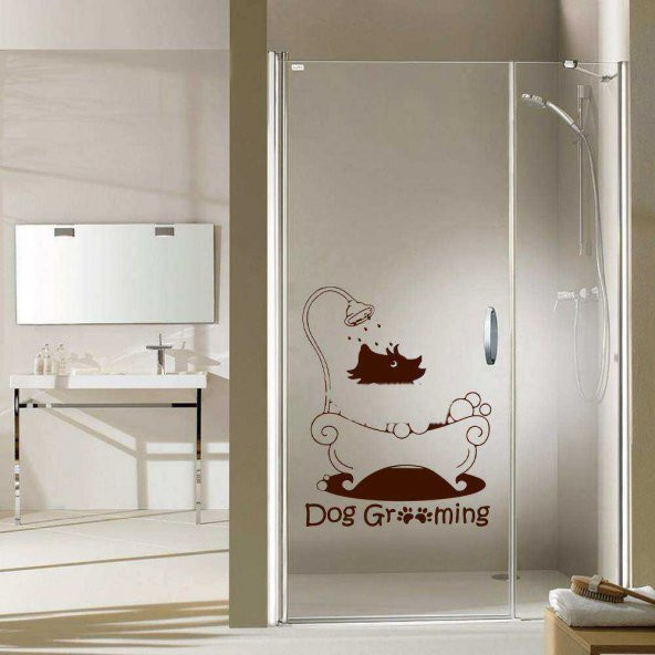 Dog Grooming Yazılı Duşta Sevimli Köpek Silüeti Dekoratif Banyo Duvar Sticker, Çıkartma, Etiket Kahverengi Koyu