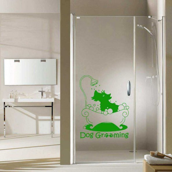 Dog Grooming Yazılı Duşta Sevimli Köpek Silüeti Dekoratif Banyo Duvar Sticker, Çıkartma, Etiket Yeşil