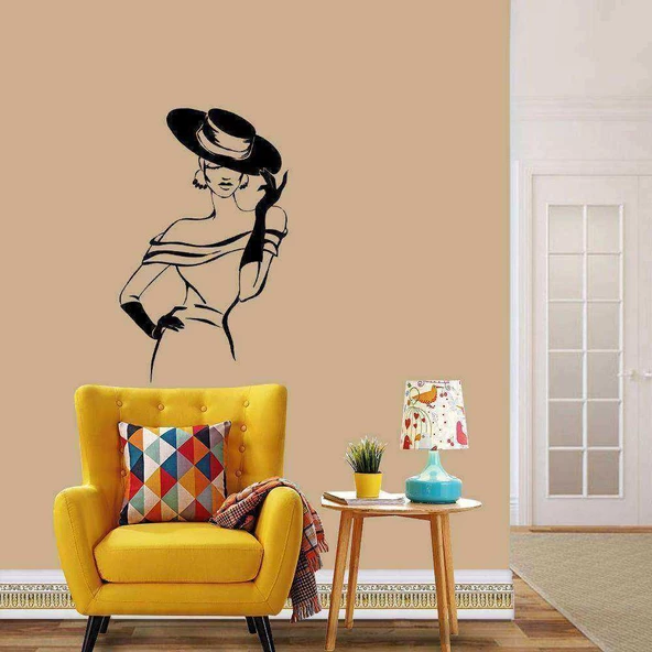 Şapkalı Kadın Büyük Boy Dekoratif Duvar Sticker, Çıkartma, Etiket
