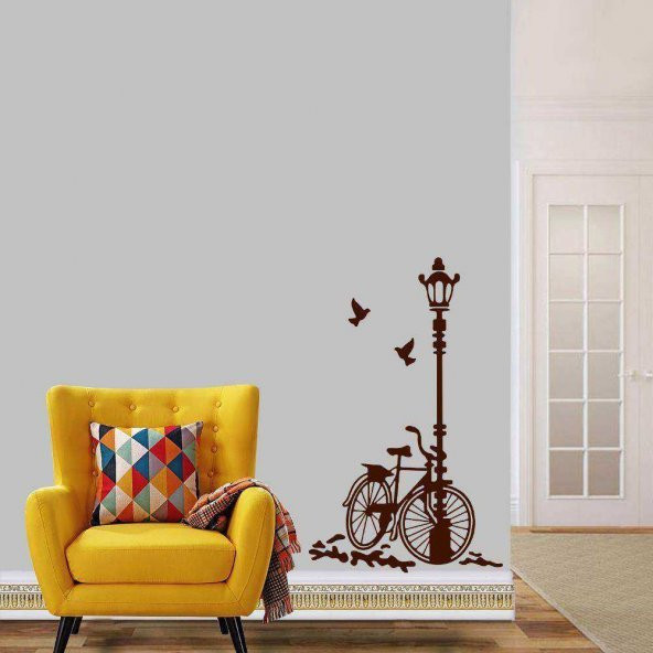 Sokak Lambası Bisiklet Büyük Boy Romantik Tema Dekoratif Duvar Sticker, Çıkartma, Etiket Kahverengi