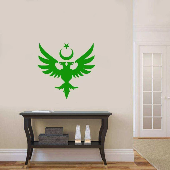 Anadolu Selçuklu Çift Başlı Kartal Ay Yıldız Dekoratif Duvar Sticker, Çıkartma, Etiket Yeşil