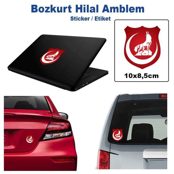 Kırmızı Hilal Bozkurt Arma Araç Cam Laptop Etiket Sticker, Kendinden yapışkanlı Renkli Çıkarma