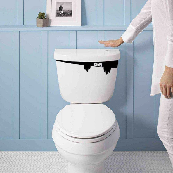 Sifona Saklanmış Korkulu Gözler Silüeti Klozet Dekoratif Sticker, Banyo, Duvar Çıkartma