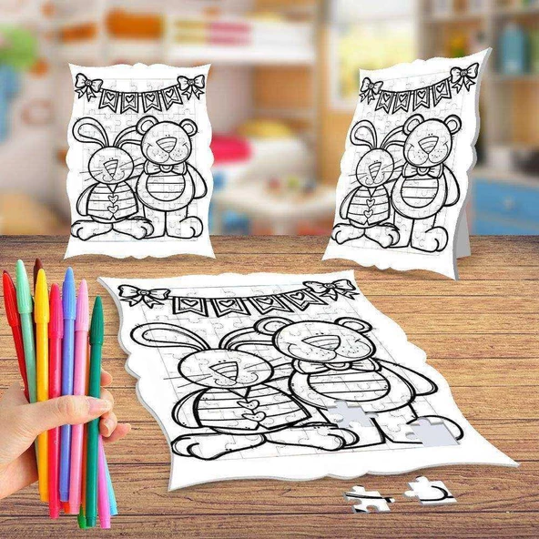Tavşan ve Ayıcık Boyama Puzzle Tablo Çocuk Eğitici Yapboz - 1