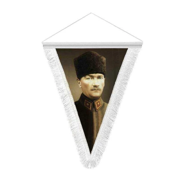 Kalpaklı Mustafa Kemal Atatürk - Saten Hatıra Üçgen Flama Bayrak