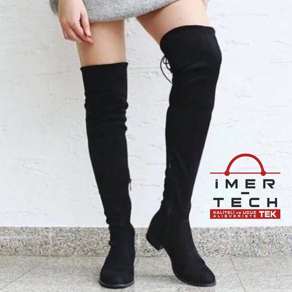 Nstil Siyah Kadın Çizme Diz Üstü Streç Çorap Fermuarlı Bayan Bot 177 - 6