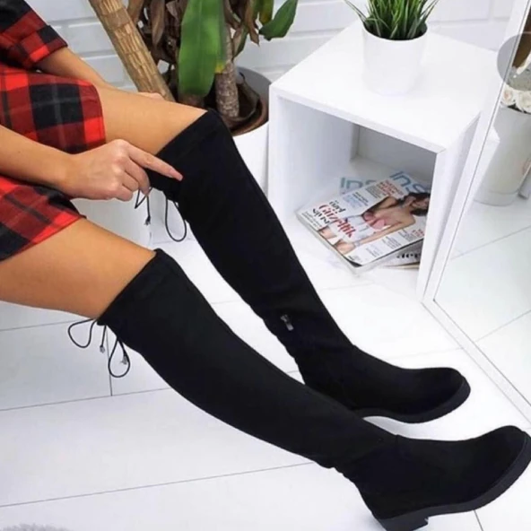 Nstil Siyah Kadın Çizme Diz Üstü Streç Çorap Fermuarlı Bayan Bot 177 - 8