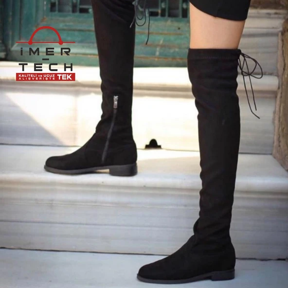 Nstil Siyah Kadın Çizme Diz Üstü Streç Çorap Fermuarlı Bayan Bot 177 - 5