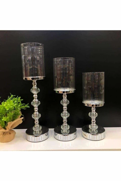 Kristal Taşlı Ayaklı Metal Şamdan Mumluk Kaliteli 3'lü Set --6010 - 2
