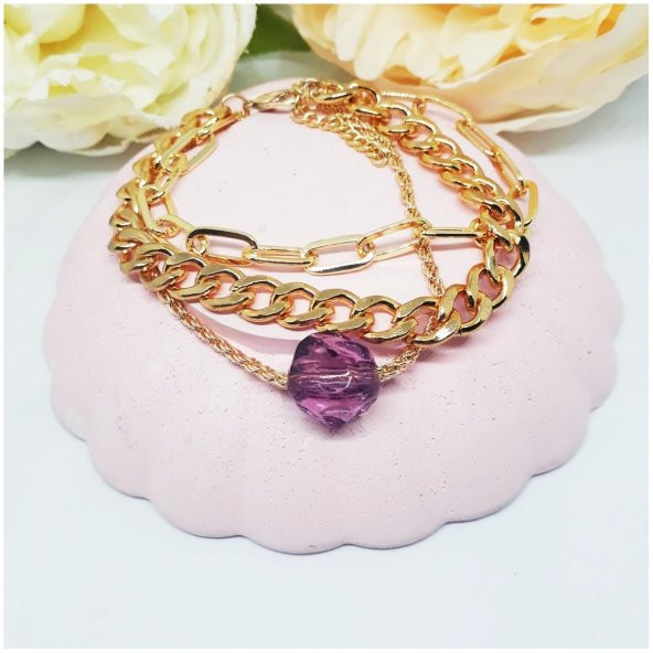 Altın Kaplama Çoklu Zincir Kadın Mor Boncuk Bileklik