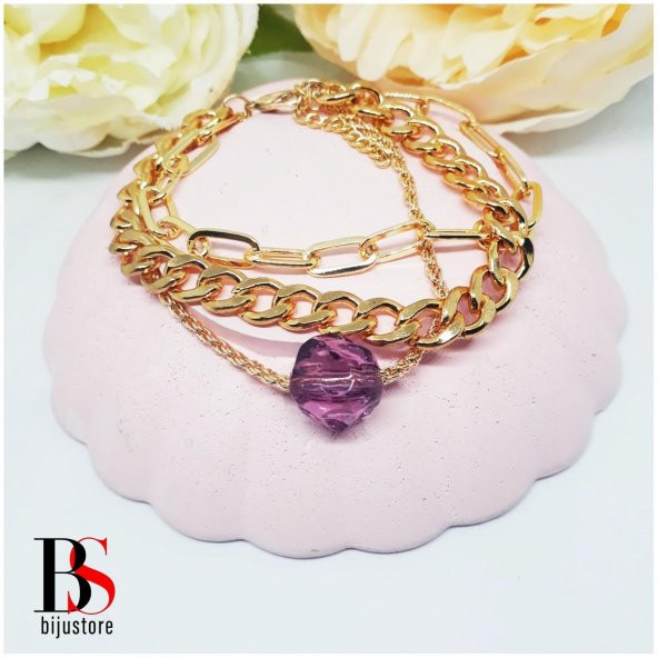 Altın Kaplama Çoklu Zincir Kadın Mor Boncuk Bileklik - 2